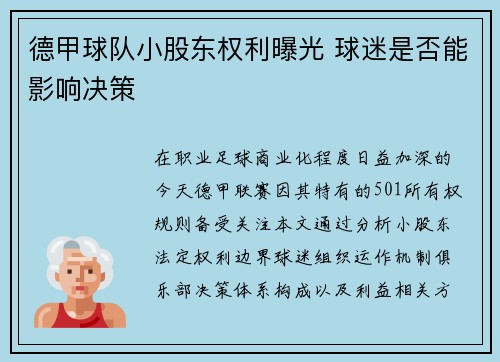 德甲球队小股东权利曝光 球迷是否能影响决策